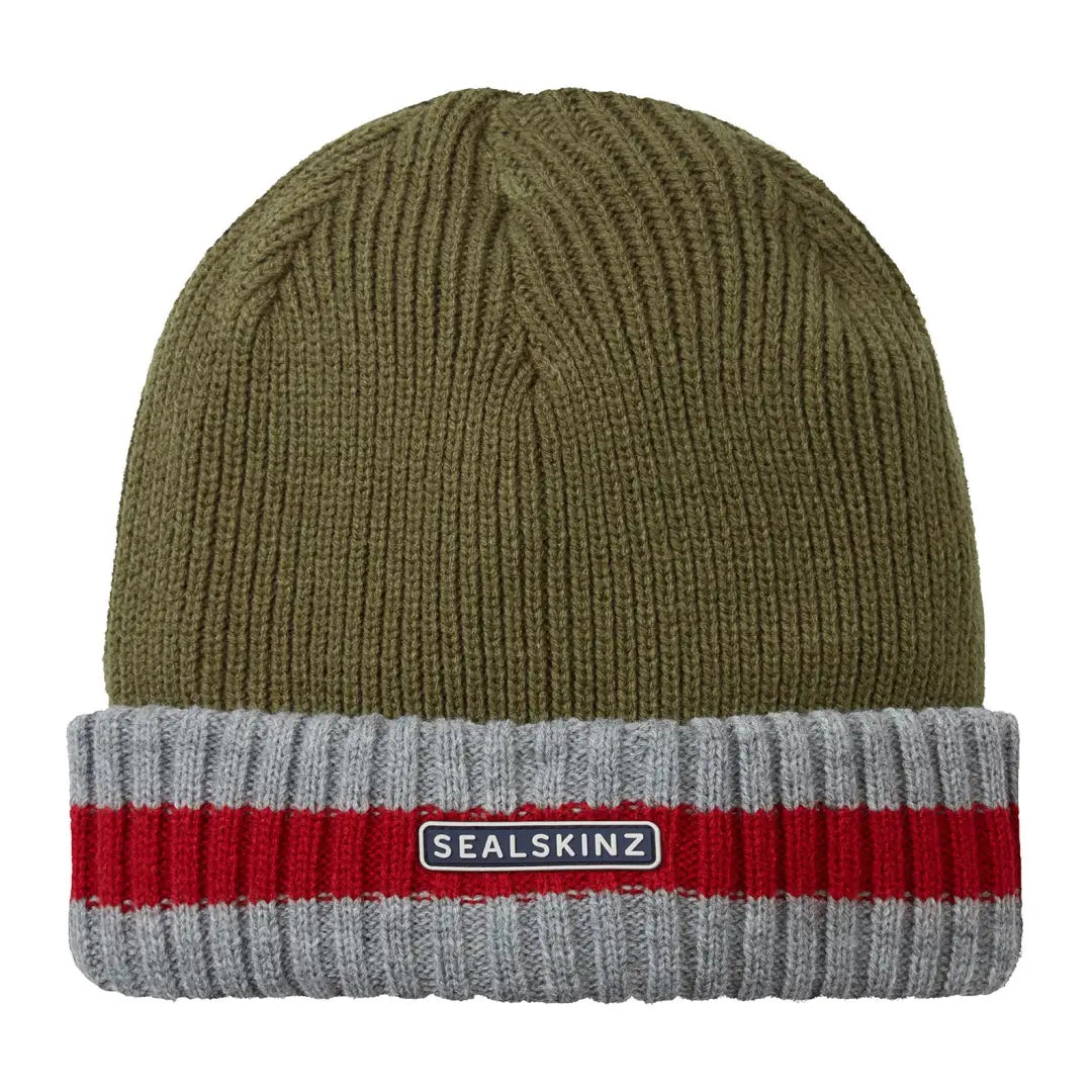 Olive green Sealskinz Holkham Hat with gray and red striped brim and logo patch