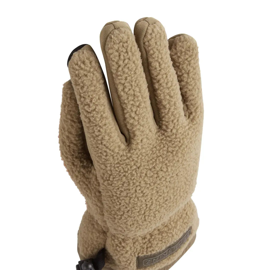 Beige fleece glove with textured surface and dark trim, perfect for country clothing and hunting