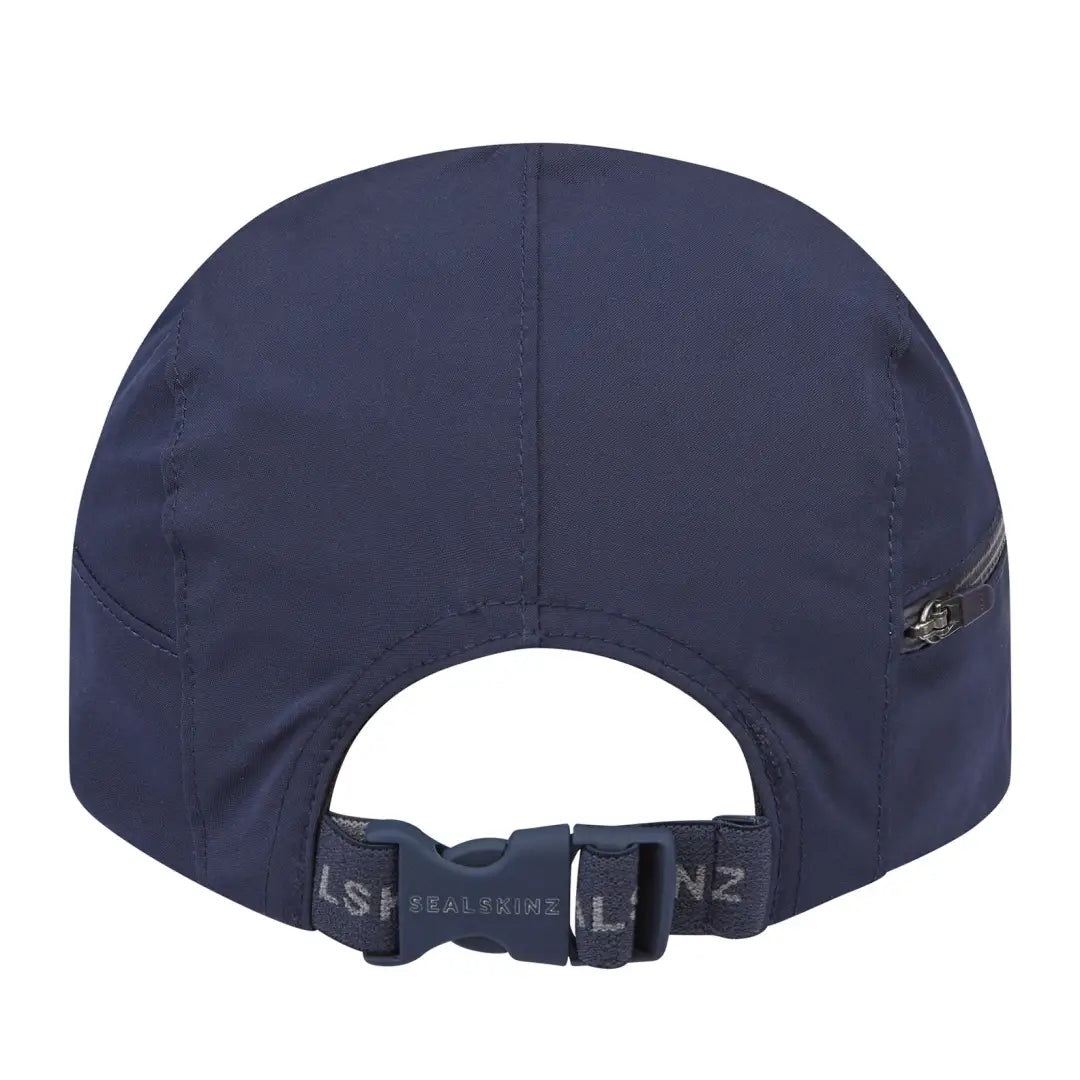 Navy blue Sealskinz Mulbarton cap with adjustable buckle clip closure at the back