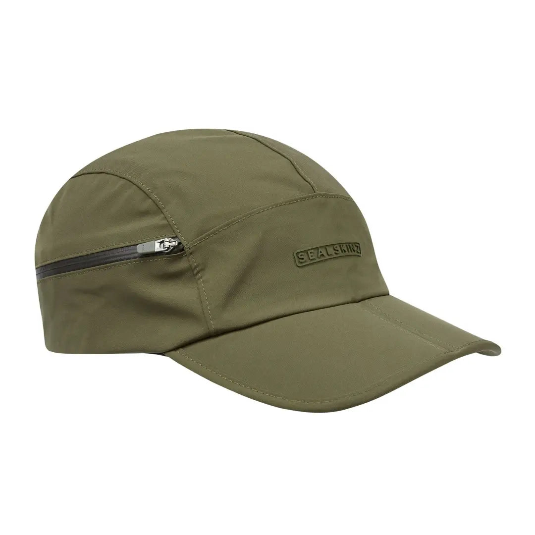 Olive green Sealskinz Mulbarton cap with zippered pocket and buckle clip closure