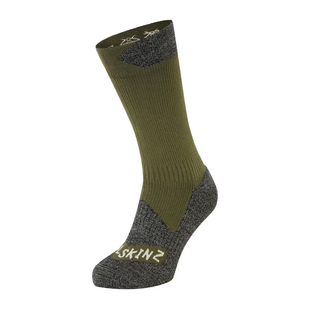 Olive green and gray Sealskinz Raynham Waterproof Sock for hunting and country clothing