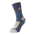 Athletic sock in blue, beige, and gray with orange logo, perfect hiking socks offer recycled wool