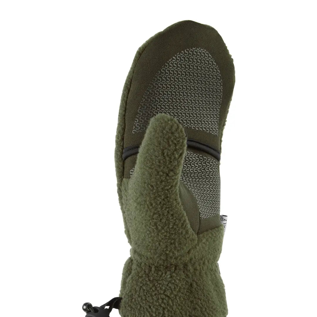 Olive green Sherpa fleece mitten with a textured palm and drawstring closure