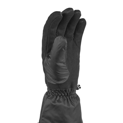 Black winter glove with leather palm, offering superior protection for cold weather activities