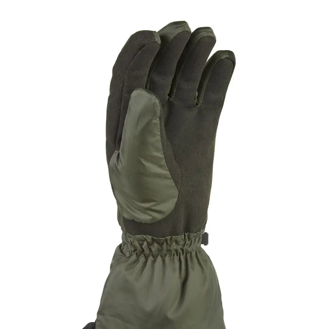 Outdoor winter glove with dark palm and olive green cuff for heavy duty protection