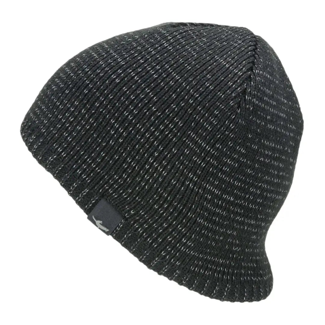 Dark knitted cold weather reflective beanie hat with a cool flecked design