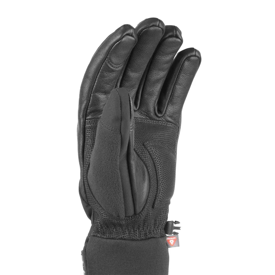 Black leather glove with wrist strap, perfect for country clothing and outdoor hunting adventures