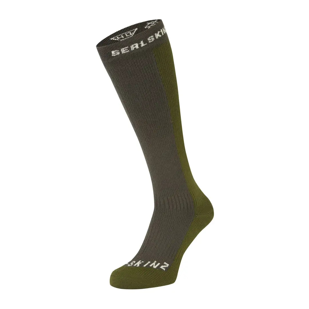 Tall olive green and gray SealSkinz waterproof cold weather knee sock perfect for winter