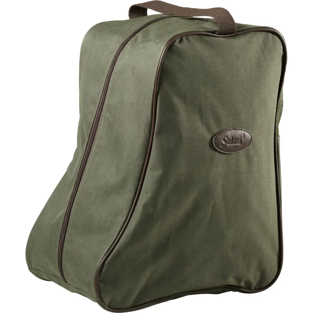 Olive green Seeland Boot Bag with brown trim and logo patch perfect for boots