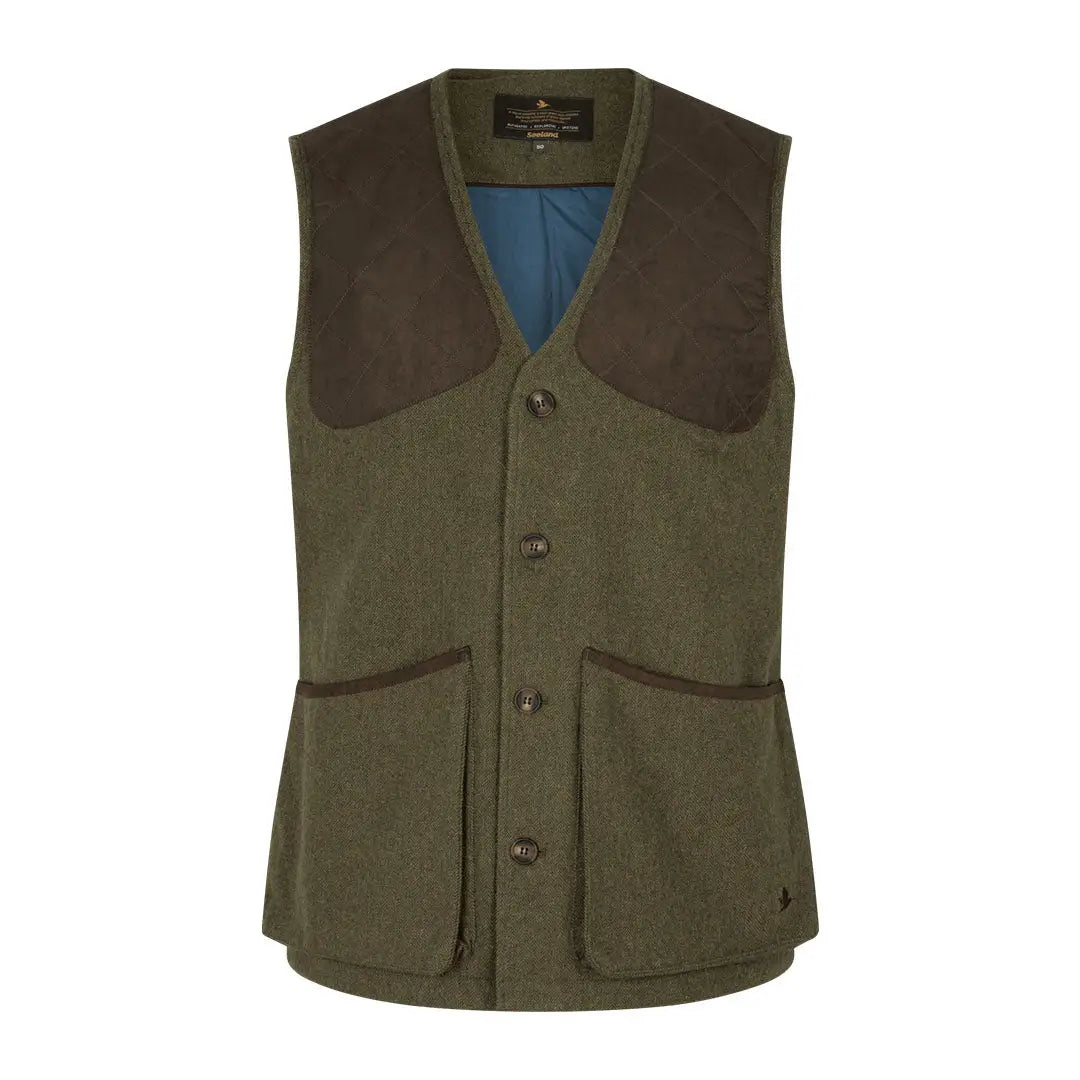 Olive green Seeland Hillside Waistcoat with brown patches and multiple pockets