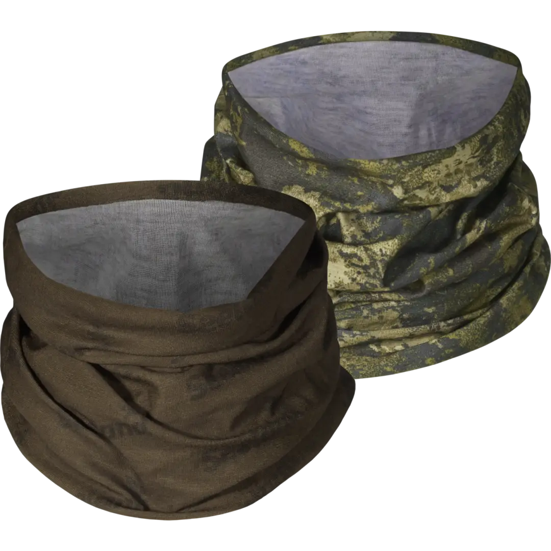 Neck gaiter 2-pack featuring solid brown and camouflage roll collars for stylish warmth