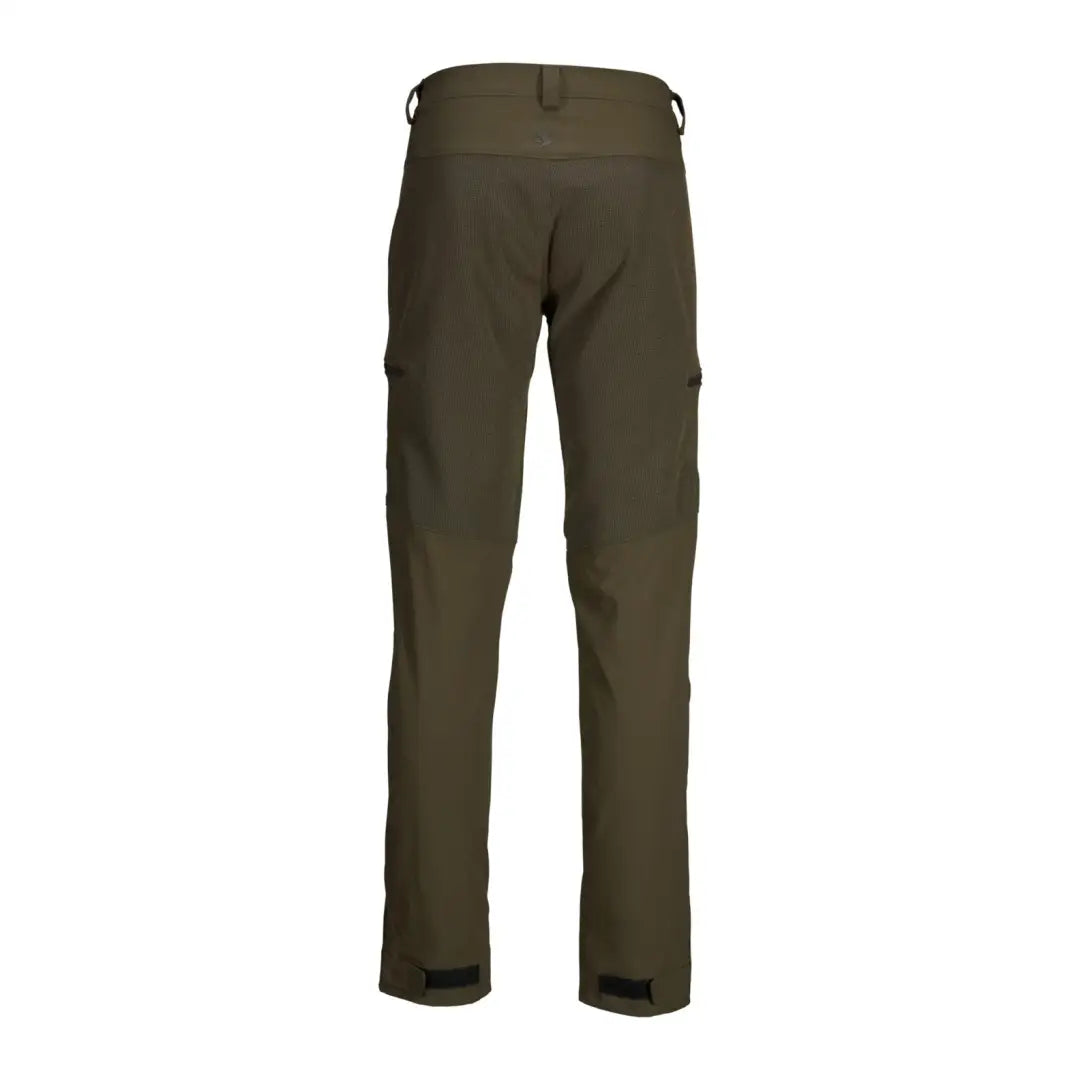 Olive green cargo-style outdoor membrane trousers with side pockets for adventure