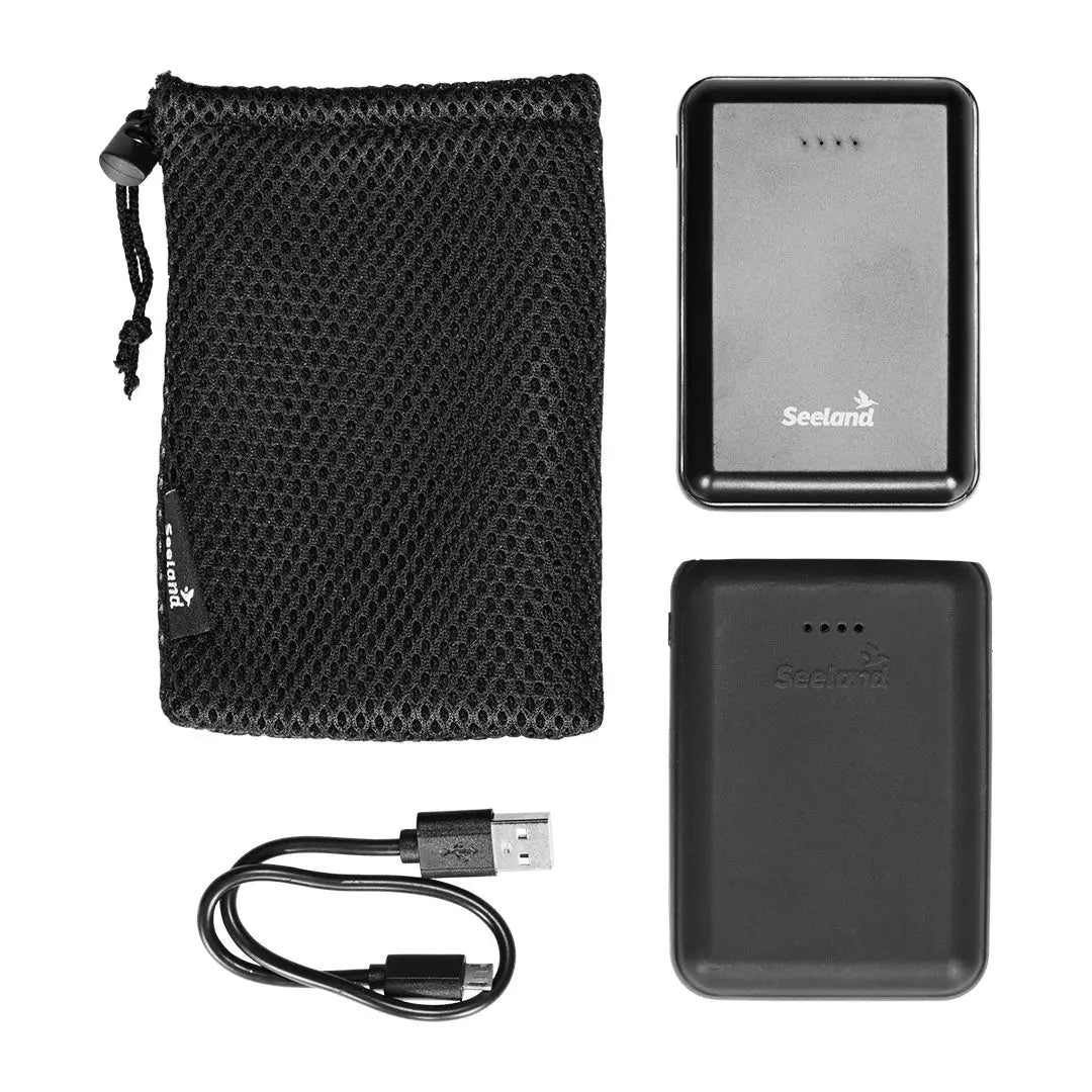 Portable Seeland Power Bank with accessories, mesh bag and USB cable included