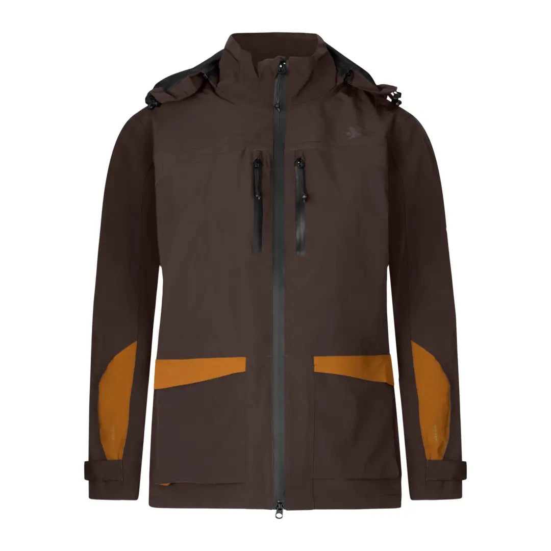 Dark brown shell jacket with orange accents and hood, perfect for active dog lovers