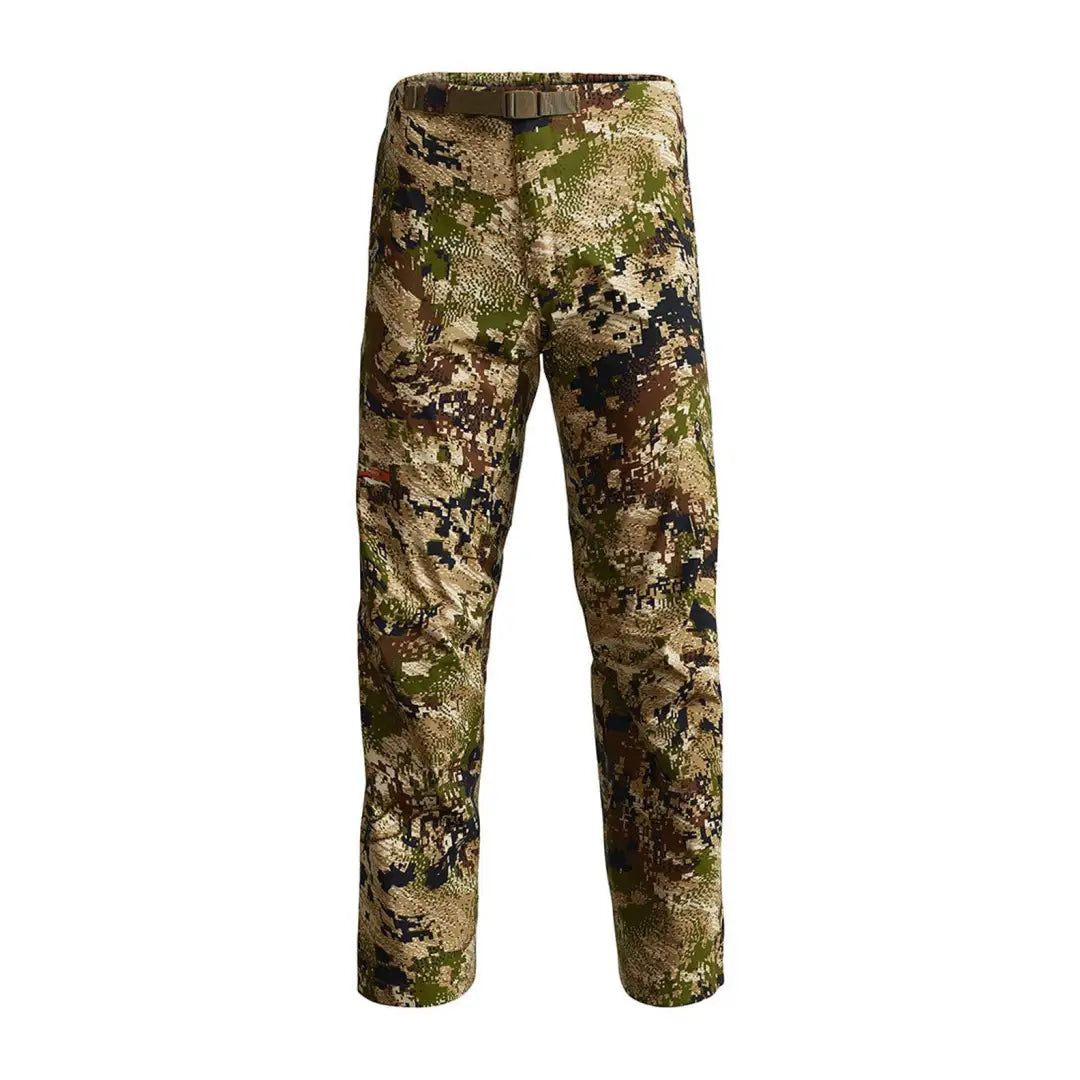 Camouflage Sitka Dew Point Pants in green, brown, and black with 3-layer Gore-Tex dew