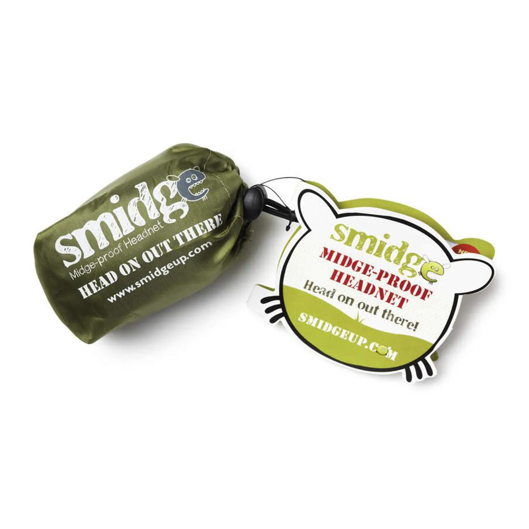 Green Smidge Head Net in a pouch with a tag, perfect for midge protection