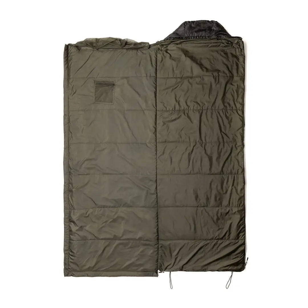 Military-style olive green sleeping bag, Snugpak Jungle Bag with built-in mosquito net