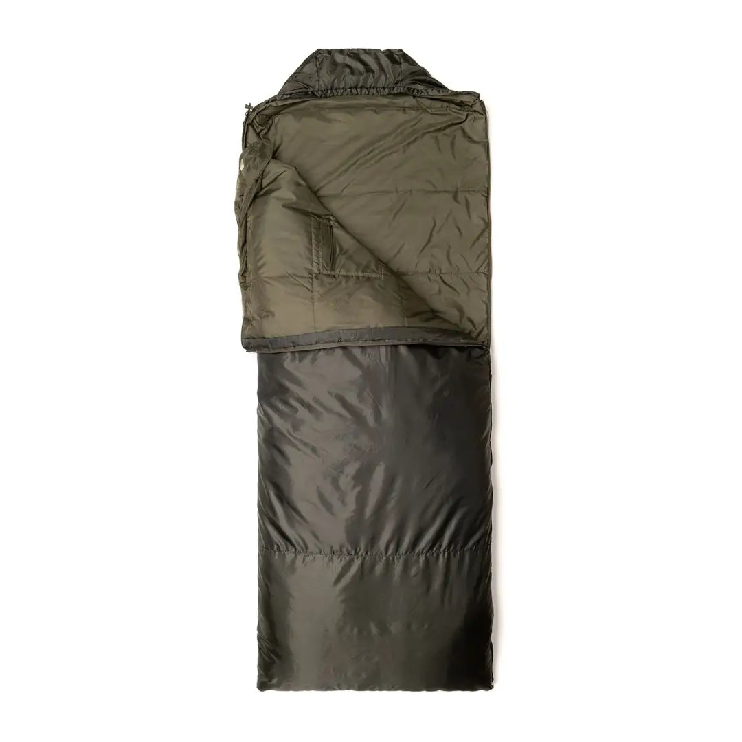 Olive green sleeping bag with a folded-over top, perfect for tropical jungle conditions