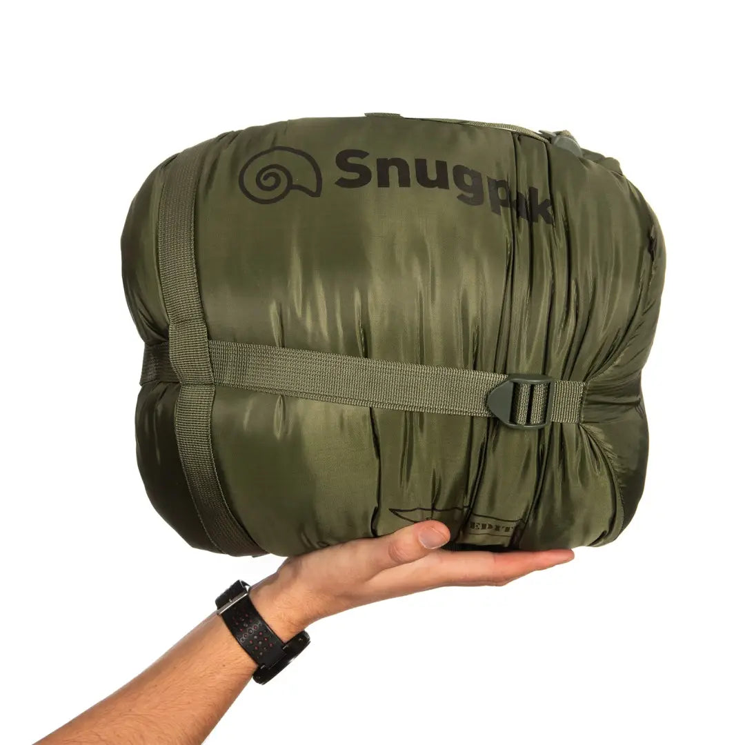 Olive green Snugpak Sleeper Expedition sleeping bag compressed for extreme temperature camping