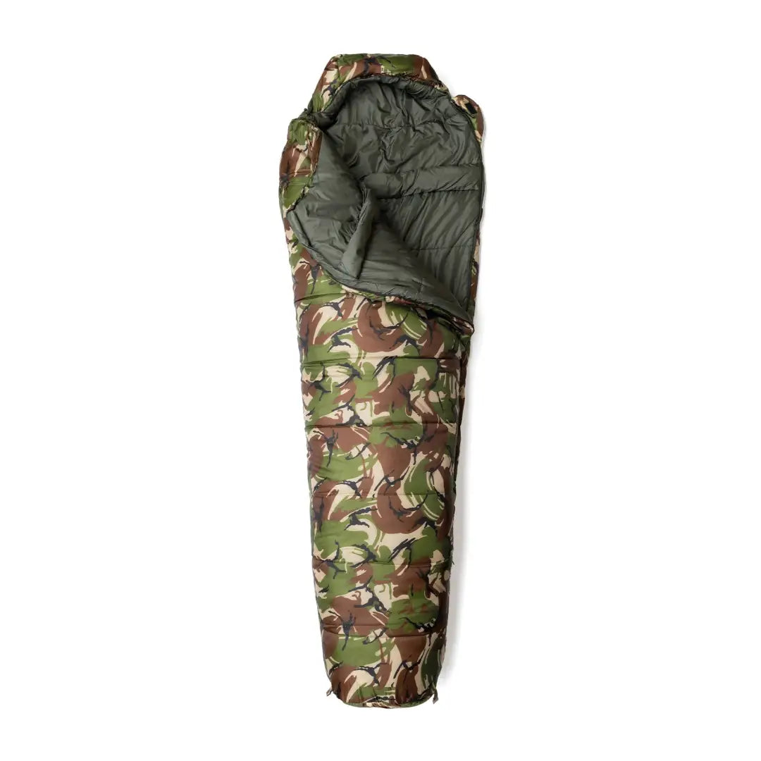 Camouflage Snugpak Sleeper Zero sleeping bag with green interior lining partially unzipped