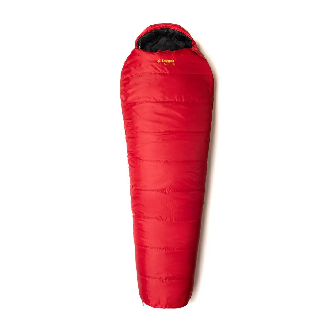 Red mummy-style Snugpak sleeping bag with a black opening perfect for city lights adventures