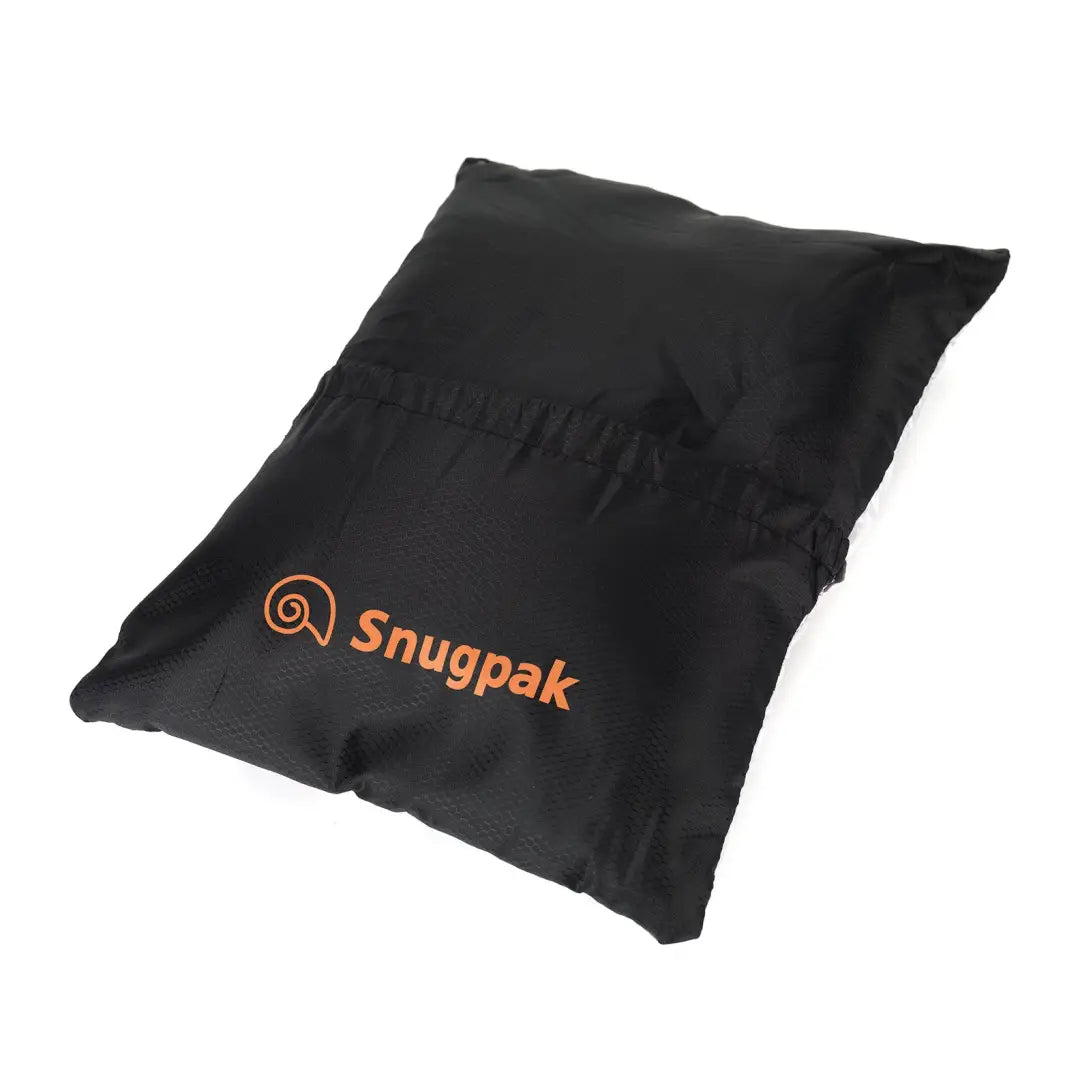 Black Snugpak travel pillow with orange logo, perfect for outdoors and hunting adventures