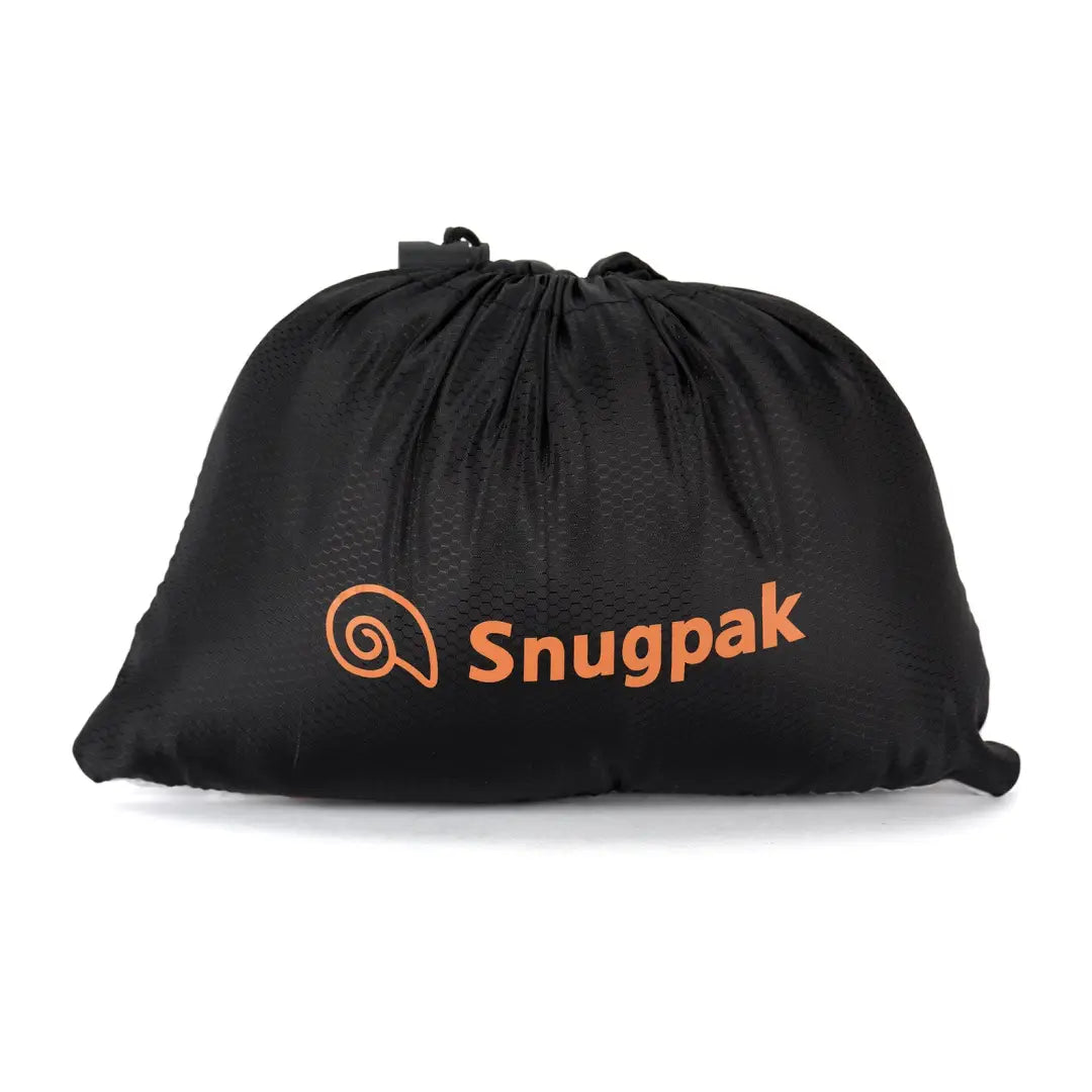 Black drawstring bag with orange Snugpak logo, perfect for hunting and outdoors gear