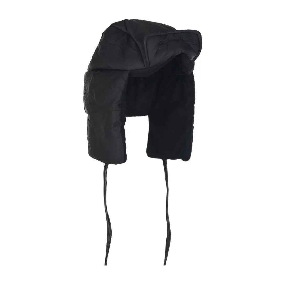 Black winter hat with ear flaps and ties, perfect for cozying up in Snugpak’s sleeping bags