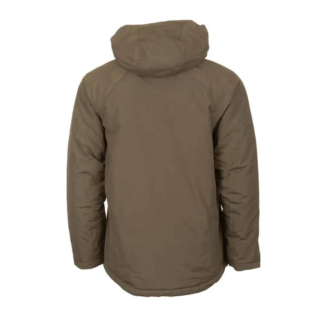 Olive green Snugpak Torrent Jacket with detachable insulated hood viewed from the back