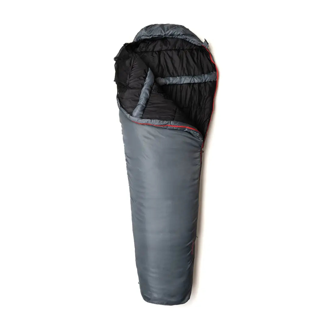 Gray Snugpak Travelpak 4 sleeping bag with black lining and built-in mosquito net