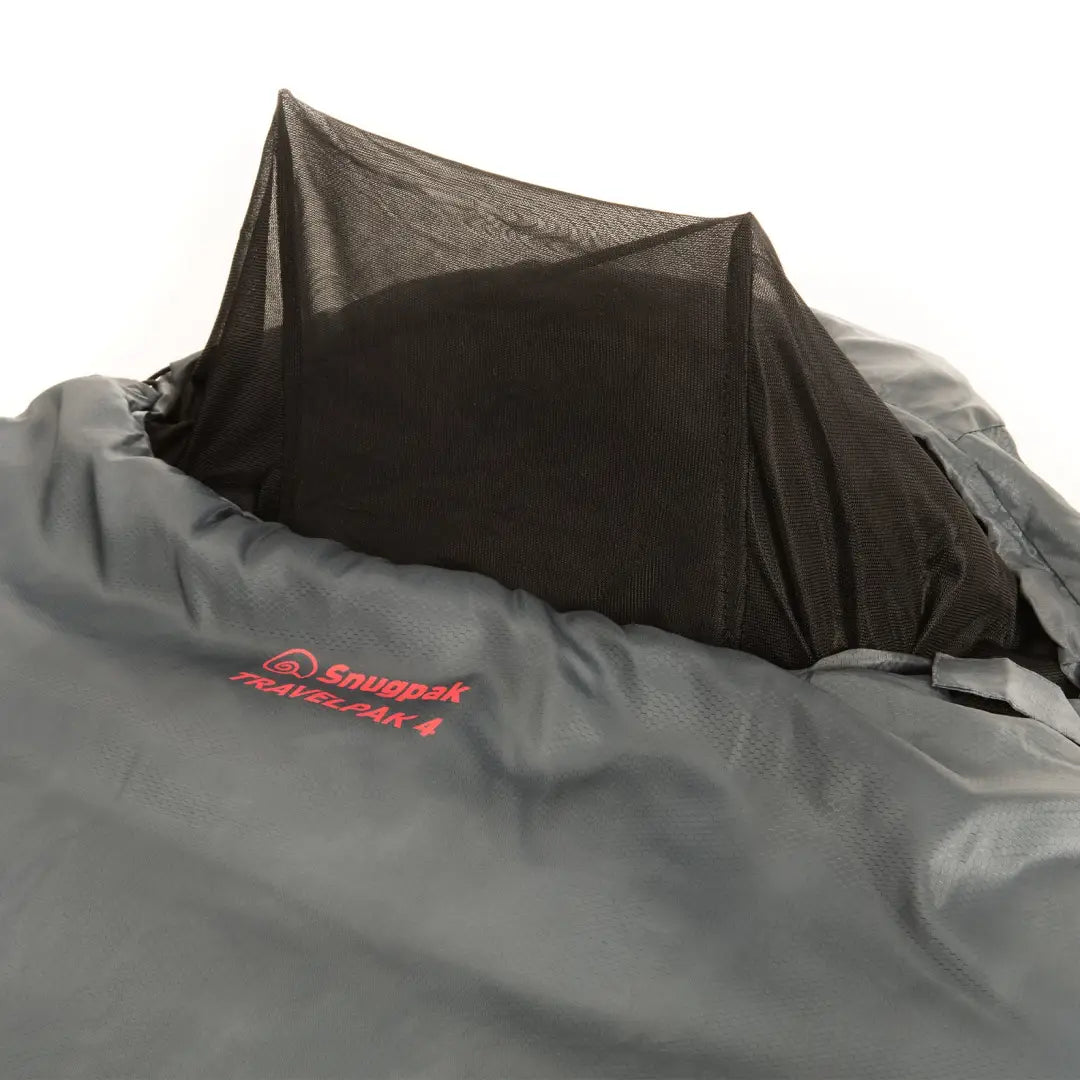 Camping tent with gray rain fly and red lettering, perfect for a mosquito free night