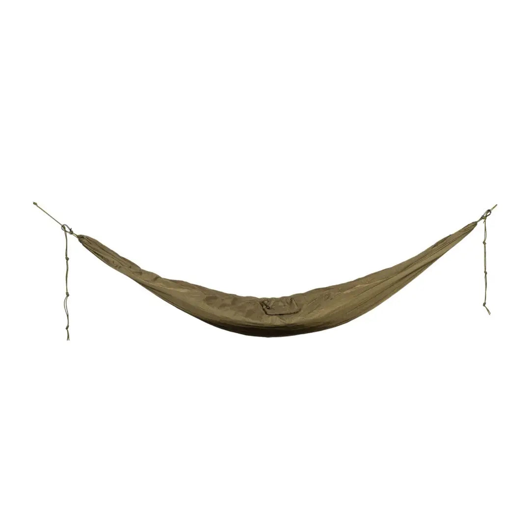 Olive green Snugpak Tropical Hammock hanging by ropes, perfect for relaxation outdoors