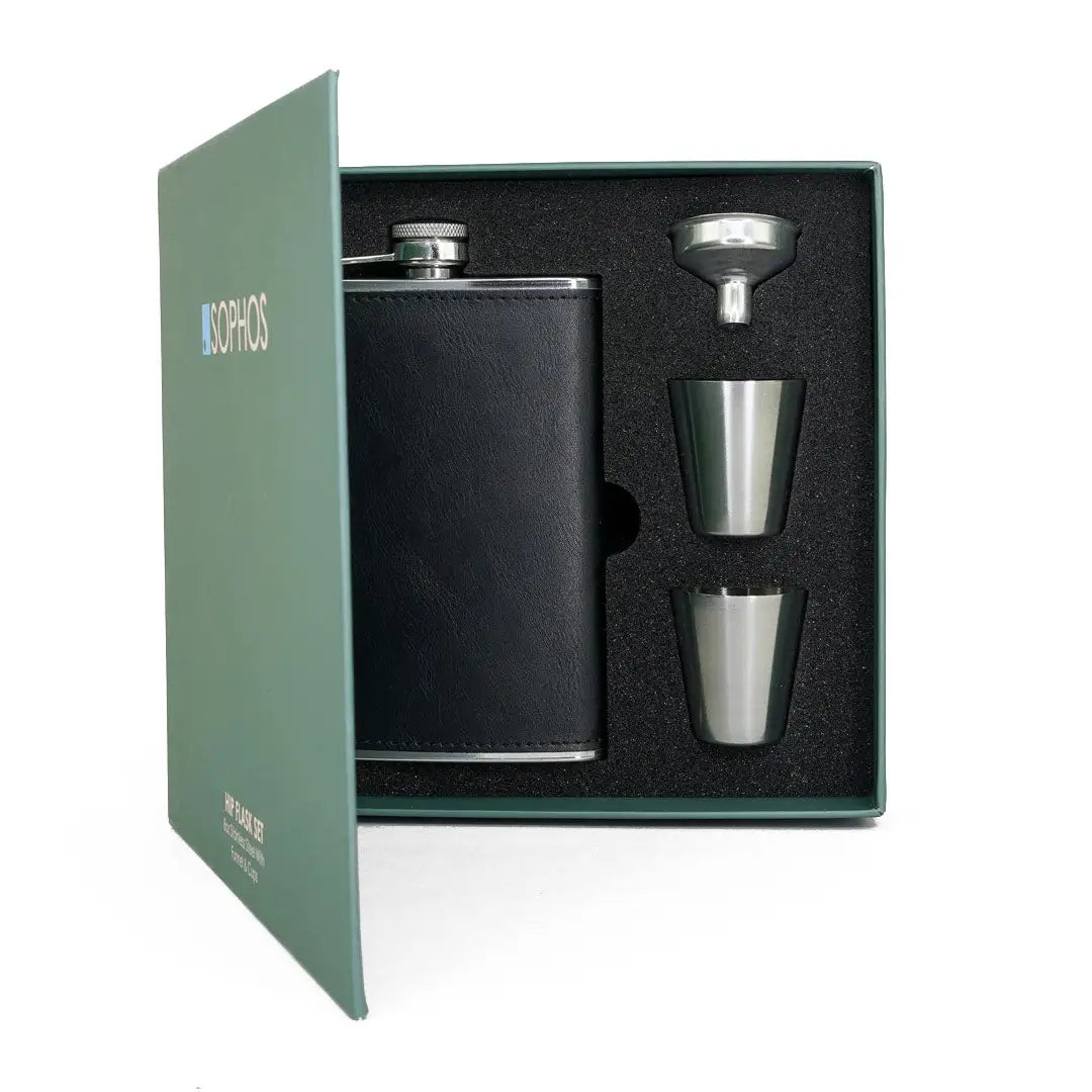 Stylish Sophos Hip Flask Set with shot glasses and funnel in a gift box