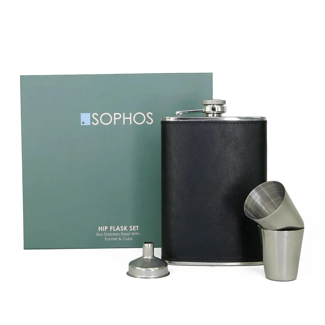 Black leather hip flask set with metal shot glasses and funnel for stylish gatherings