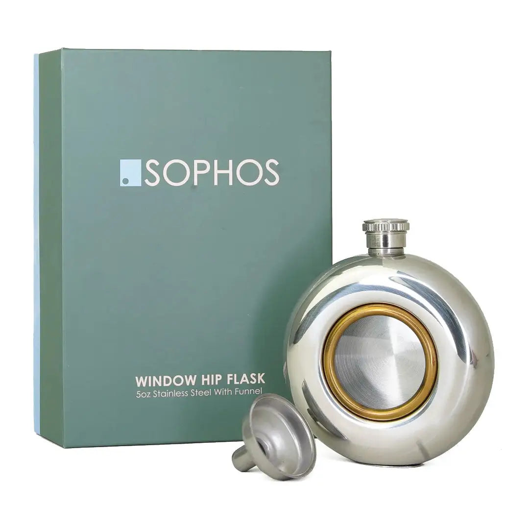 Circular stainless steel Sophos 5oz hip flask with window for country clothing and outdoors