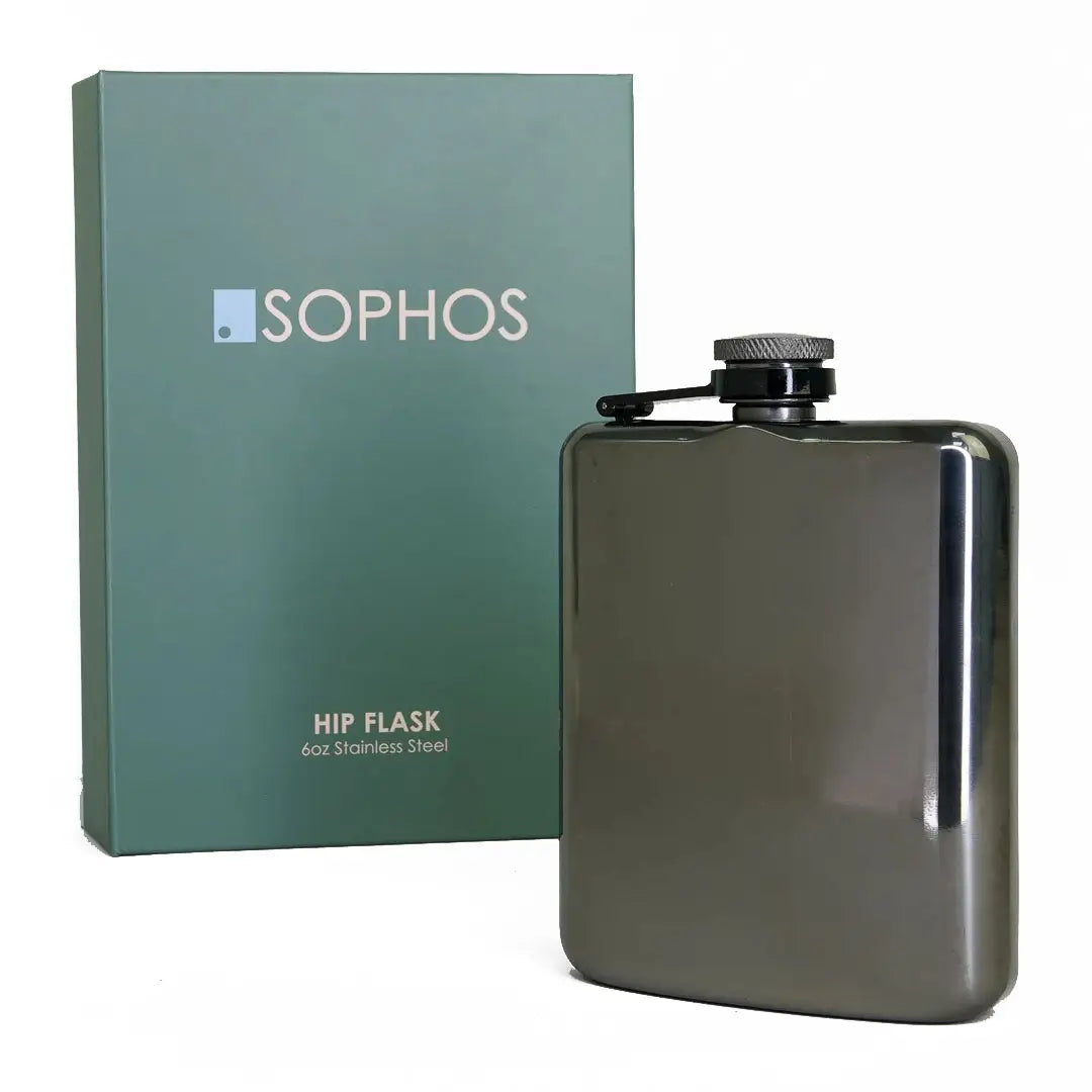 Hip flask with a dark metallic finish beside packaging for Sophos 6oz Gunmetal Hip Flask