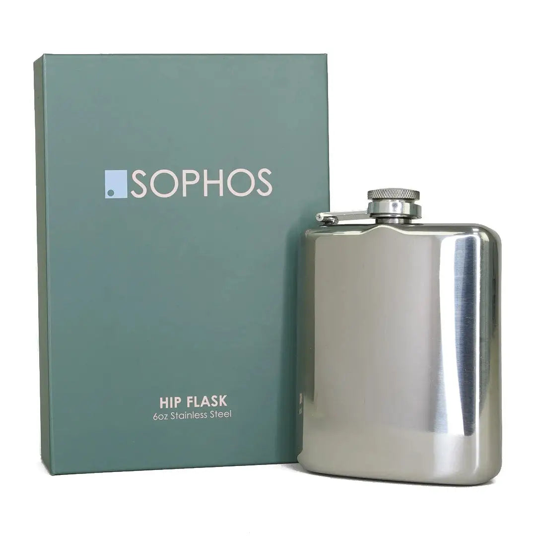 Stainless steel Sophos 6oz silver hip flask with branded packaging box