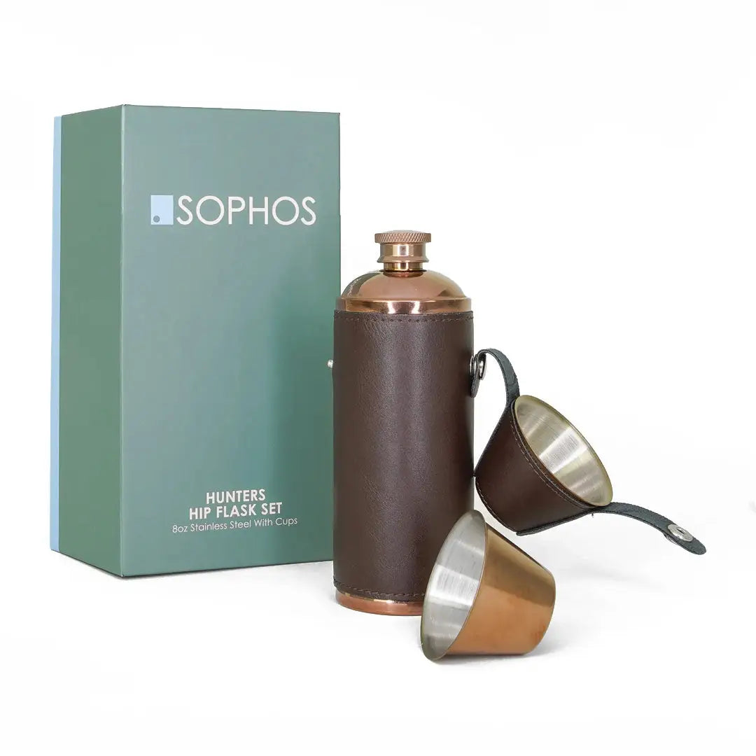 Stylish Hip Flask Set featuring the Sophos 8oz Copper Hunters Flask and two cups