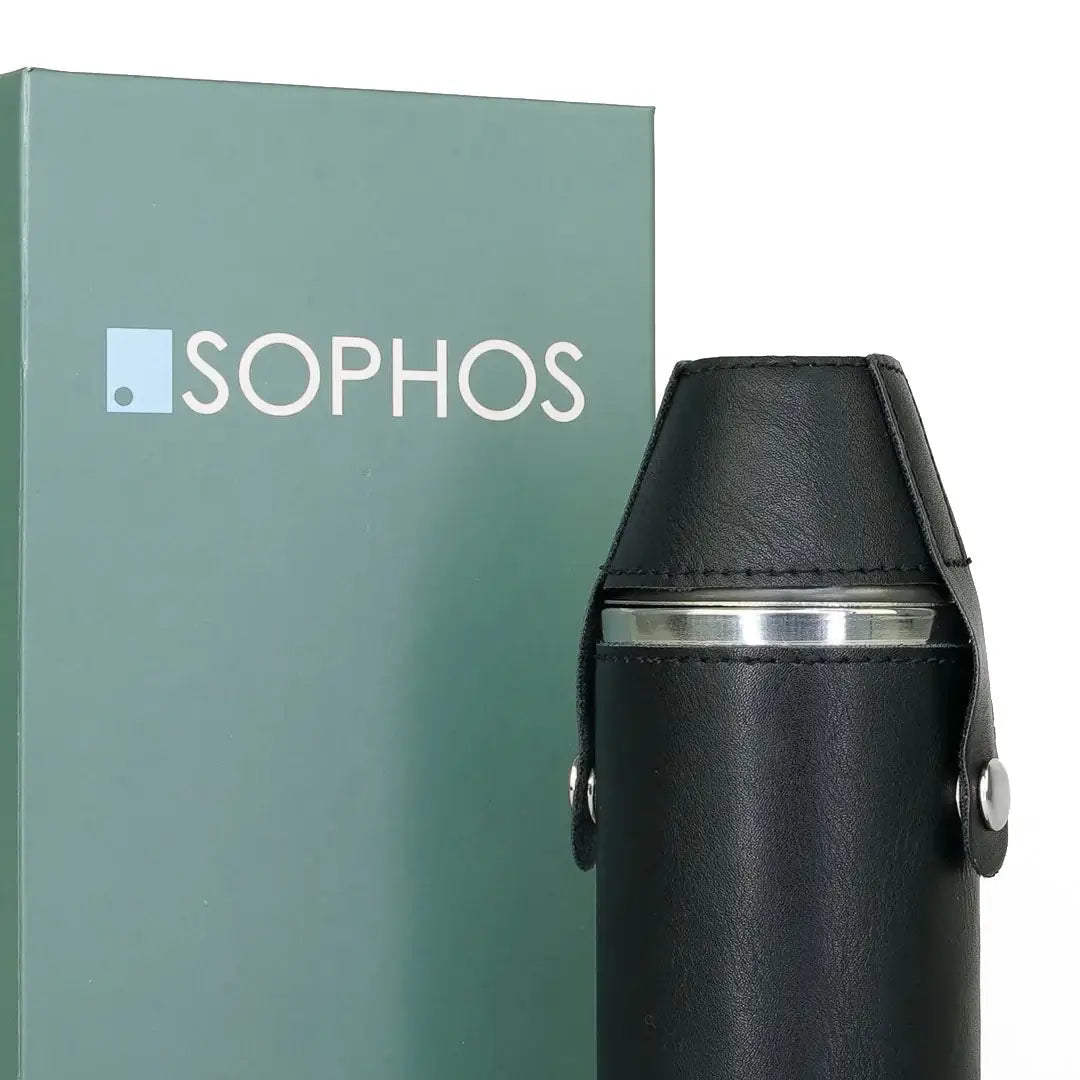 Black leather-wrapped Sophos 8oz Hunters Flask with metallic rim for stylish country clothing