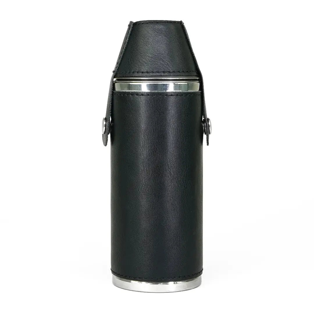 Black leather-wrapped hunters flask with silver accents, perfect for country clothing outings