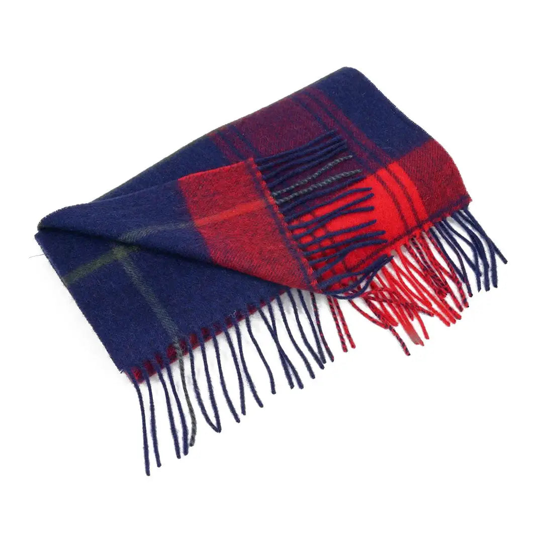 Plaid wool scarf in navy and red, perfect for country clothing and outdoor adventures