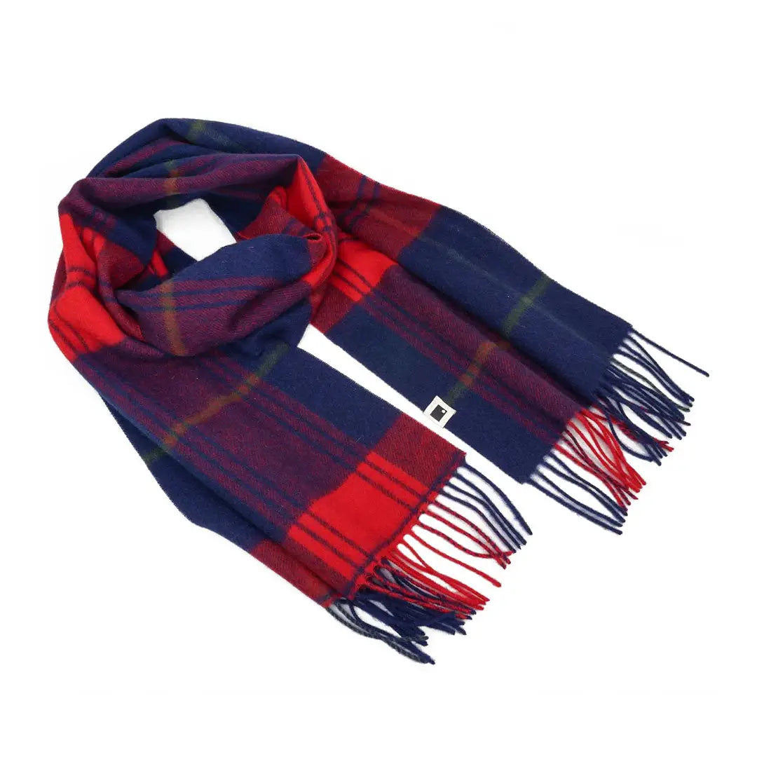 Plaid wool scarf in red, blue, and purple perfect for country clothing and outdoors