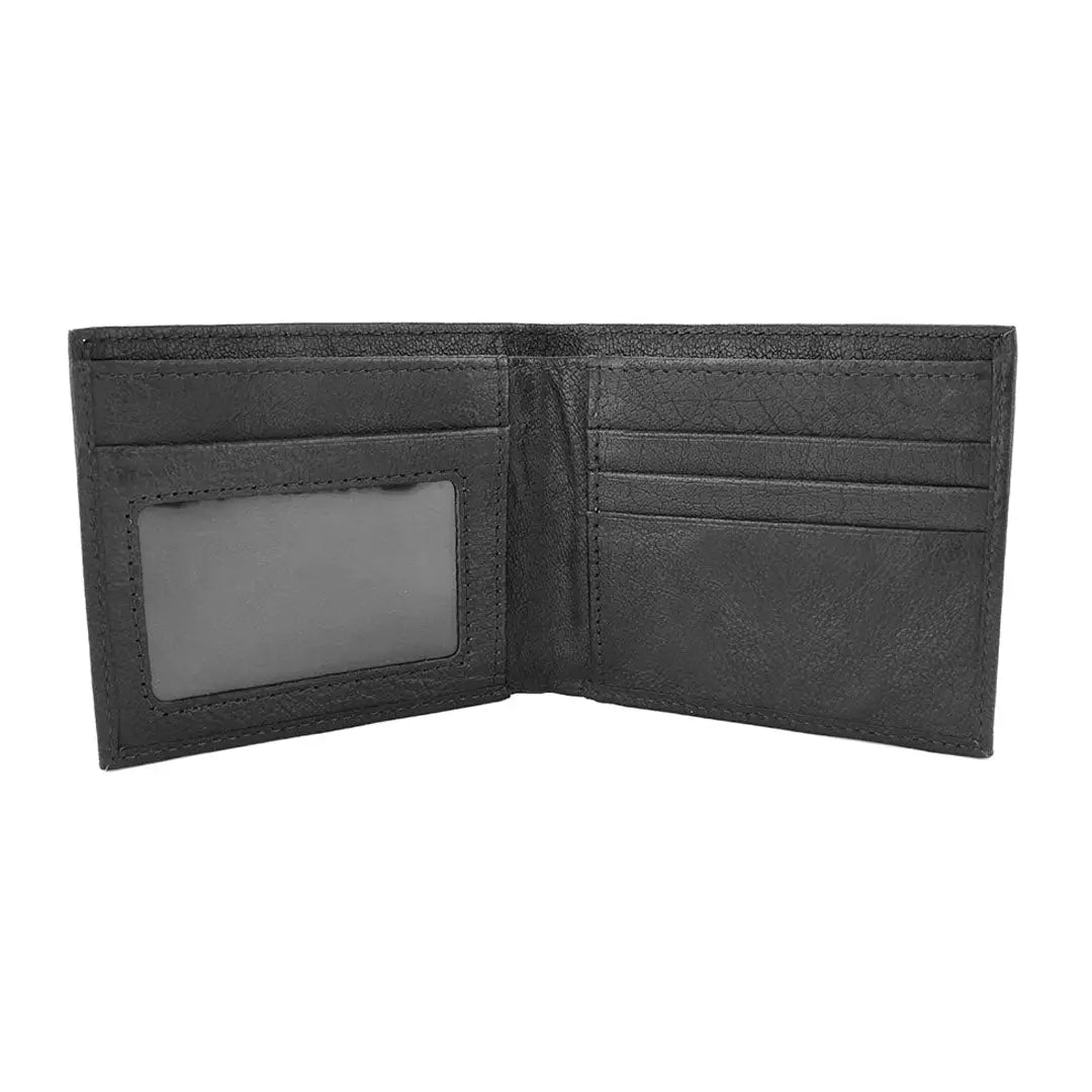 Black leather bifold wallet with card slots and ID window, perfect grain leather wallet