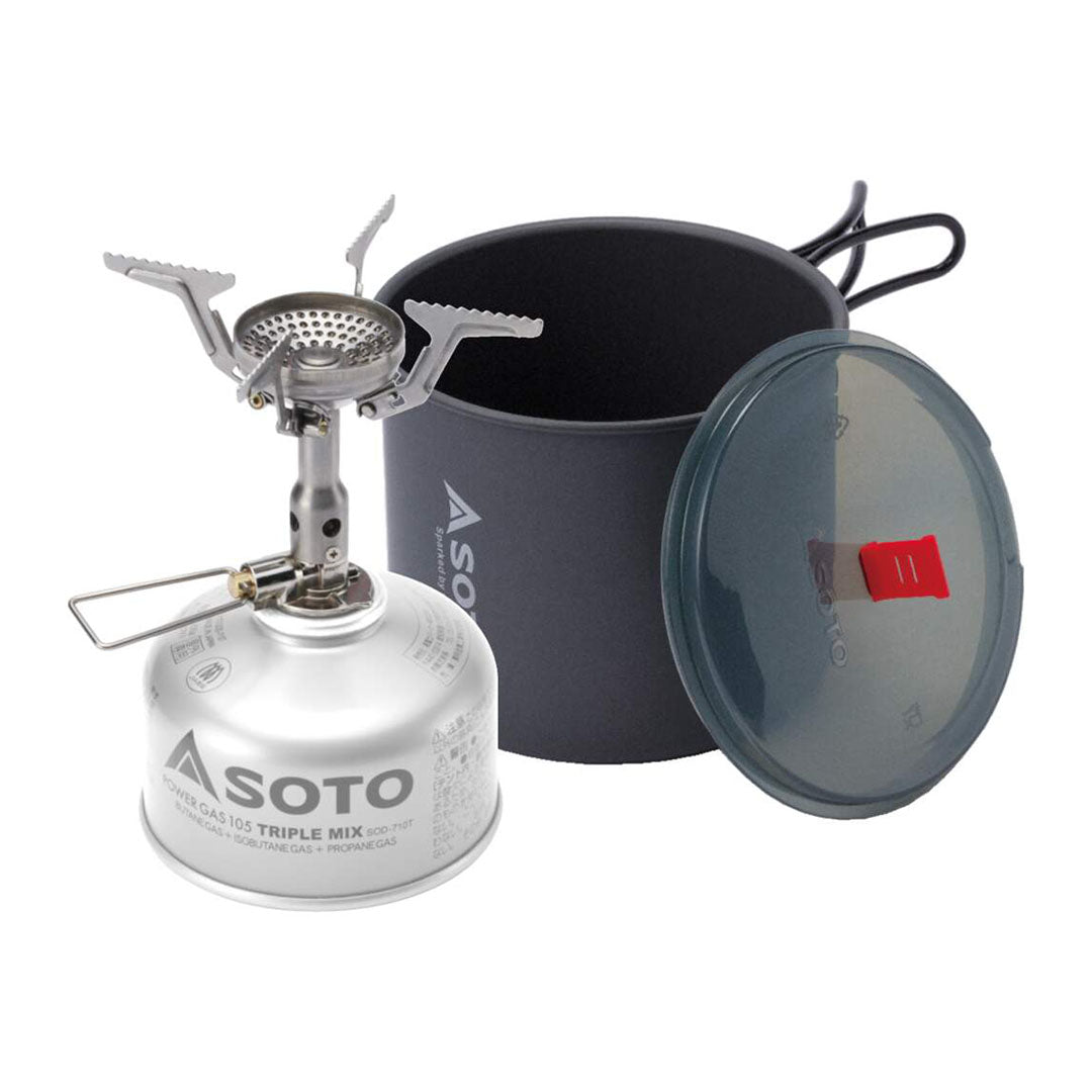 Soto Amicus camping stove with New River Pot combo perfect for outdoor cooking adventures