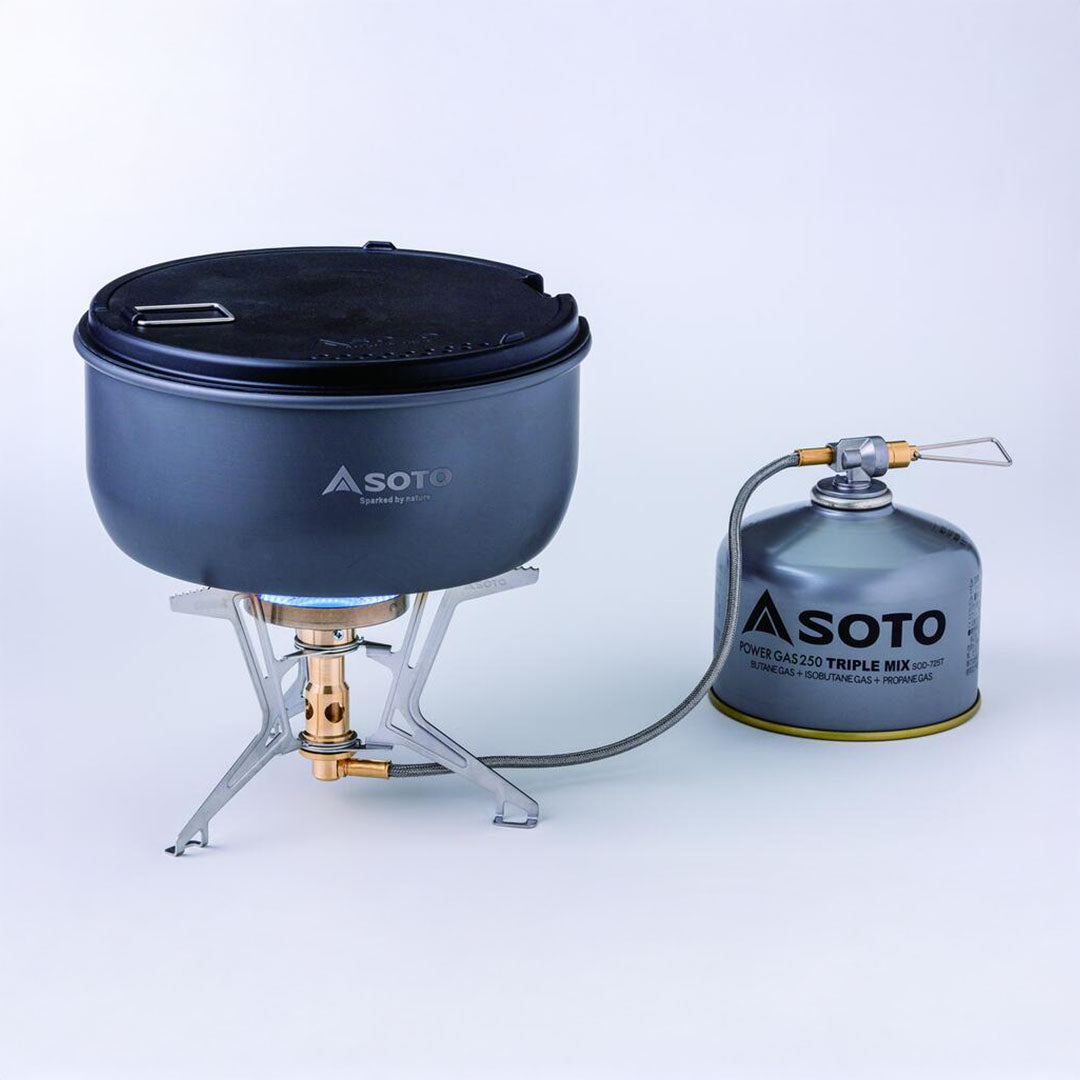 Portable Soto Fusion Trek with micro regulator, burner head, fuel canister, and cooking pot