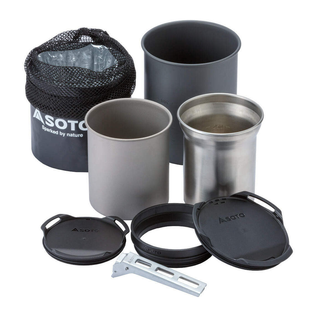 Soto Thermostack Cook Set Combo with titanium mug and sipping lids for perfect camping meals