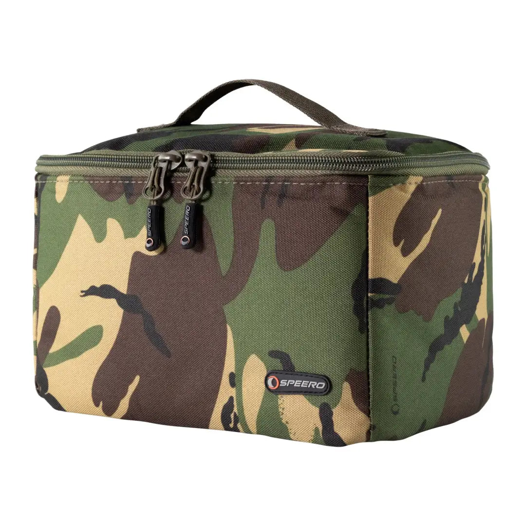 Camouflage-patterned Speero Bait Cool Bag with zipper and handle for easy transport