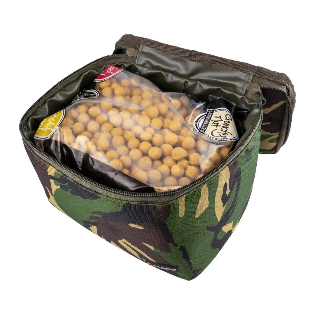 Camouflage Bait Cool Bag filled with packaged boilies for fishing adventures