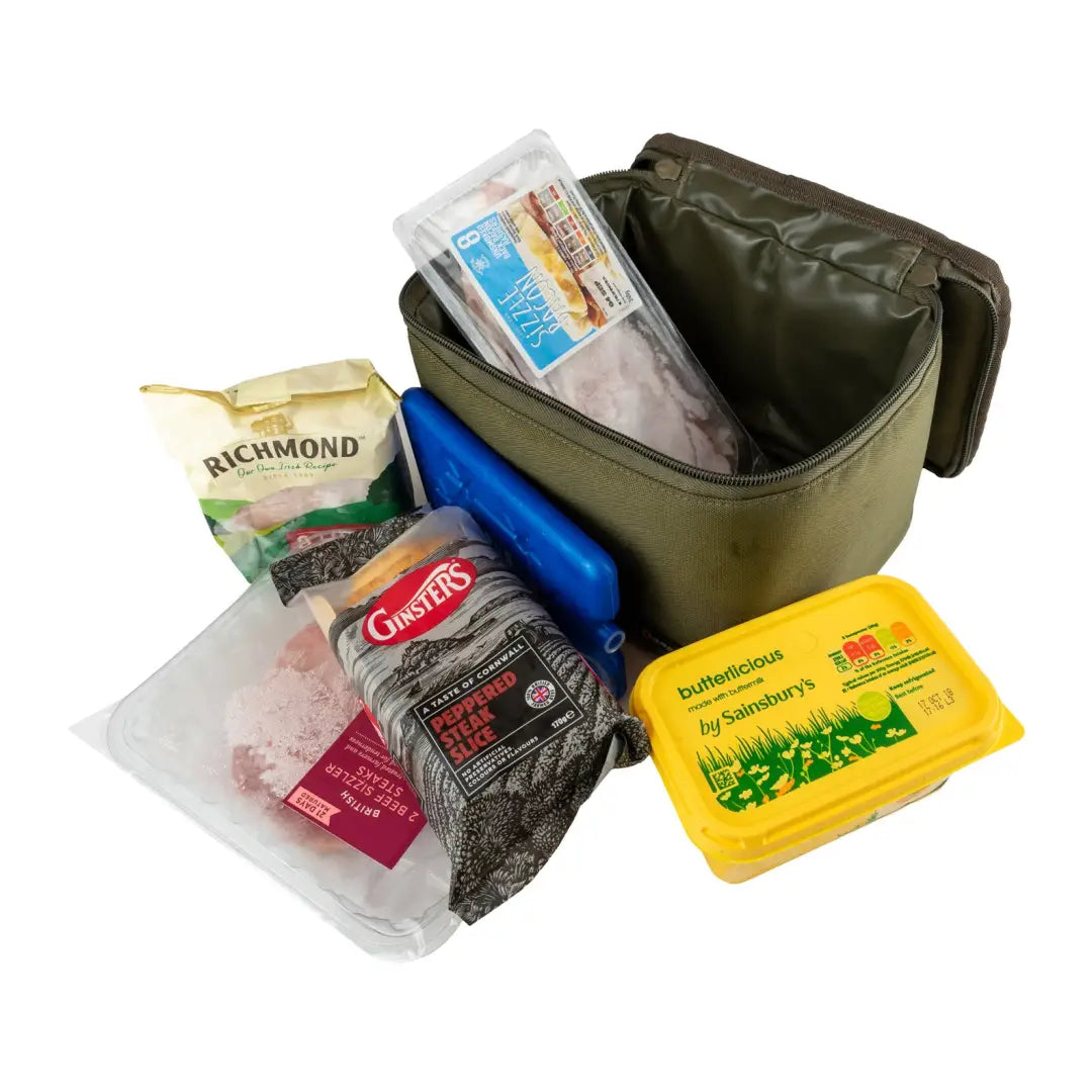 Green toiletry bag next to food and care items, featuring the Speero Bait Cool Bag