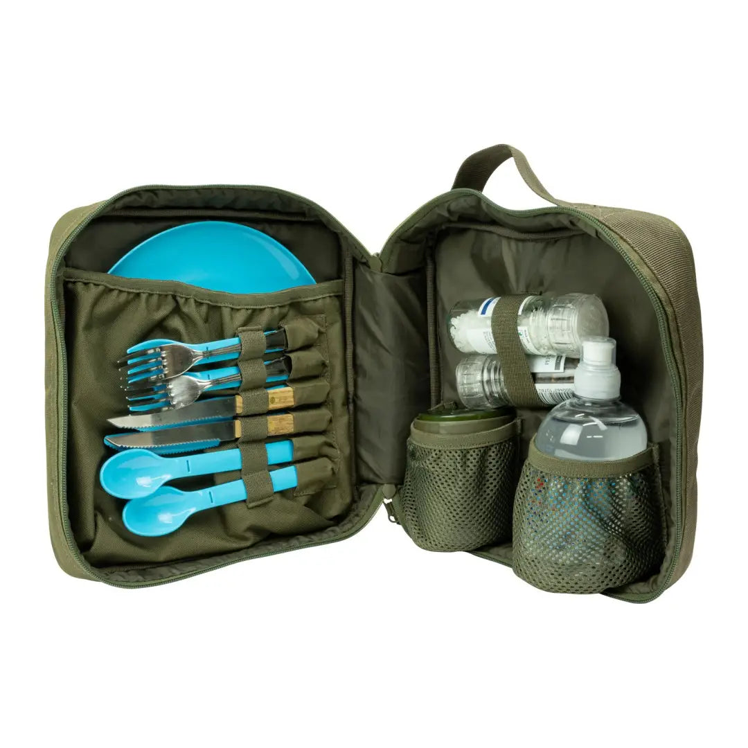 Portable camping cookware and utensils in Speero Cutlery Pouch Green case